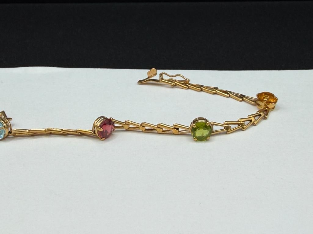 14K YELLOW GOLD ROUND CUT MULTI-GEMSTONE LINK BRACELET INCLUDING PERIDOT, CITRINE, TOPAZ, AND MORE - 4