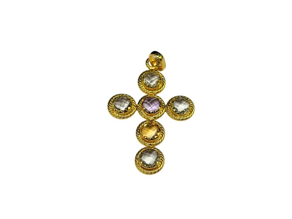 MILOR ITALY GOLD TONE STAINLESS STEEL ROUND CUT FACETED QUARTZ CROSS PENDANT: MARKED "MILOR ITALY" 2 1/4", 8MM QUARTZ