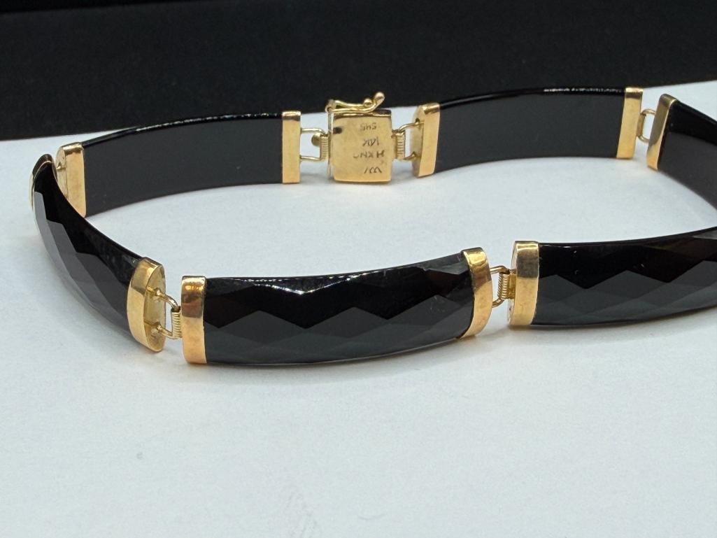 14K YELLOW GOLD FACETED BLACK ONYX LINK BRACELET - 2