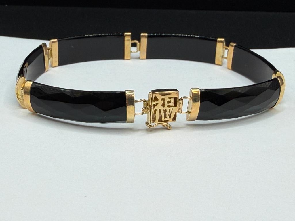 14K YELLOW GOLD FACETED BLACK ONYX LINK BRACELET - 4