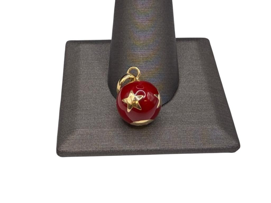 MILOR ITALY 14K YELLOW GOLD RED ENAMEL GOLD STAR BALL PENDANT: MARKED "MILOR ITALY" 3/4", 2.64 GRAMS