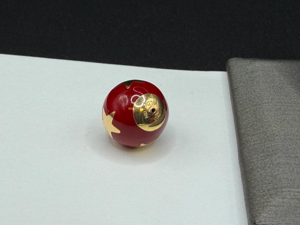 MILOR ITALY 14K YELLOW GOLD RED ENAMEL GOLD STAR BALL PENDANT - 4