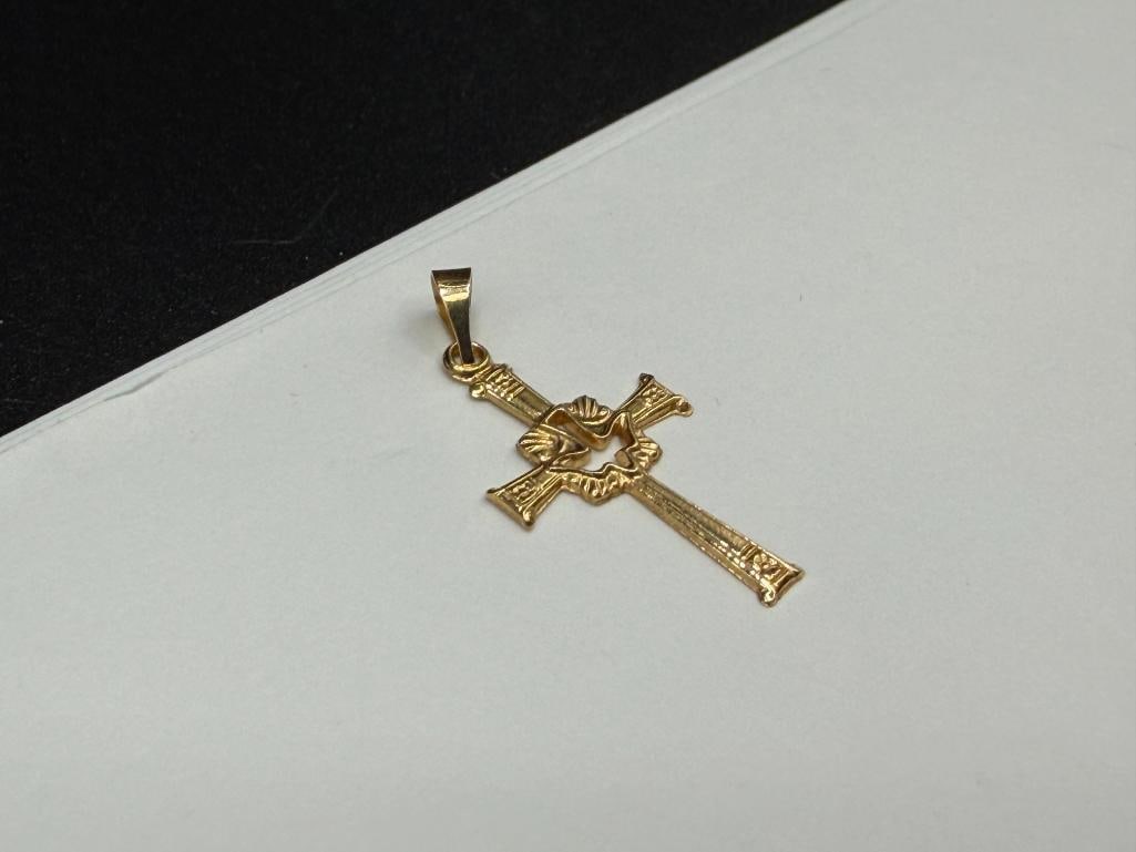 14K YELLOW GOLD CROSS PENDANT WITH PIERCED FLYING DOVE SILHOUETTE IN CENTER - 2