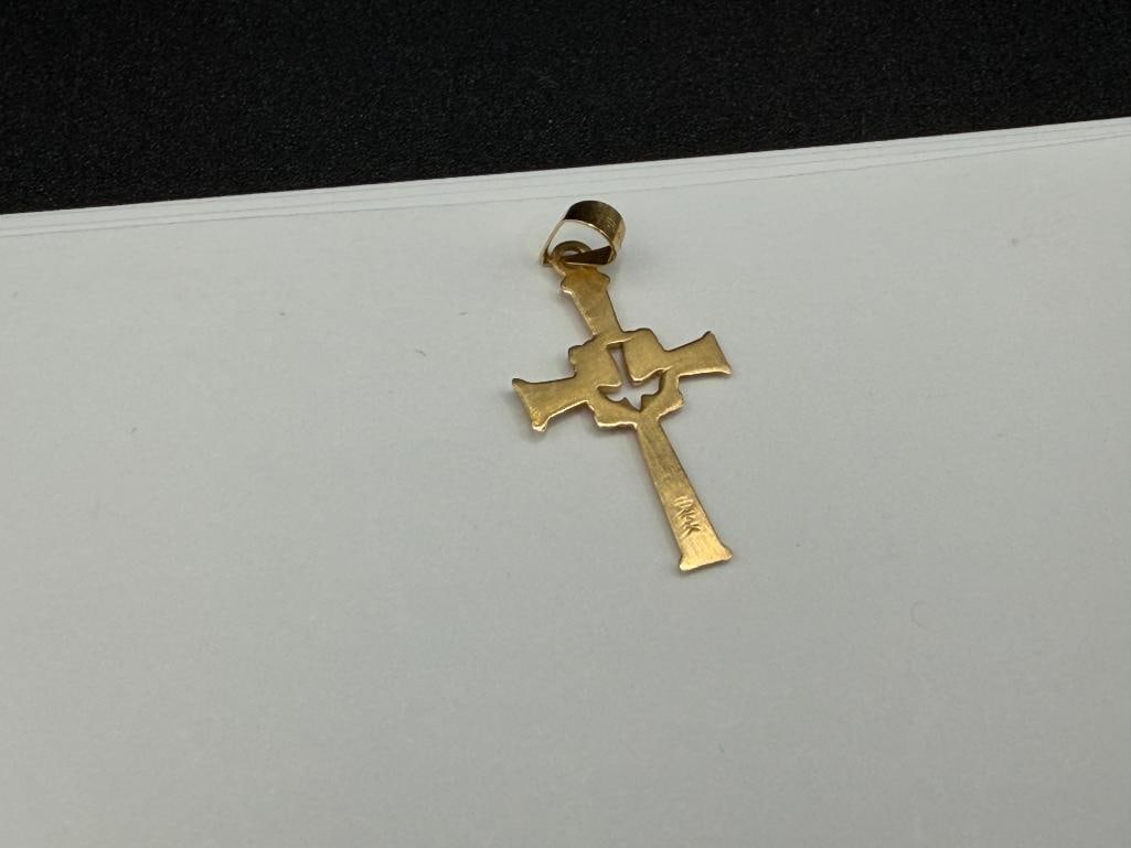 14K YELLOW GOLD CROSS PENDANT WITH PIERCED FLYING DOVE SILHOUETTE IN CENTER - 4