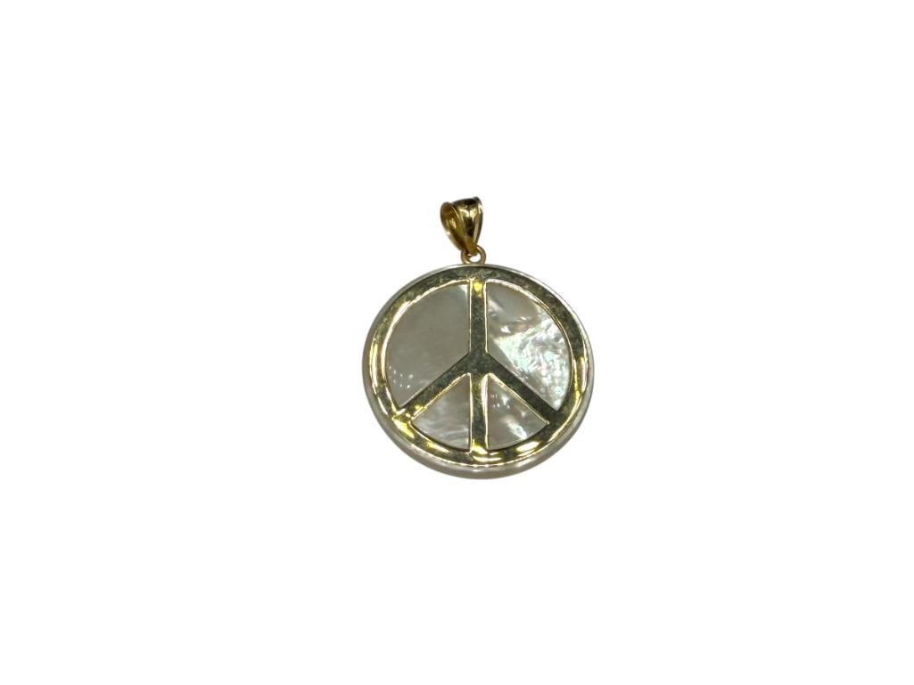 14K YELLOW GOLD MOTHER OF PEARL PEACE SYMBOL PENDANT: 1 1/4", 3.65 GRAMS