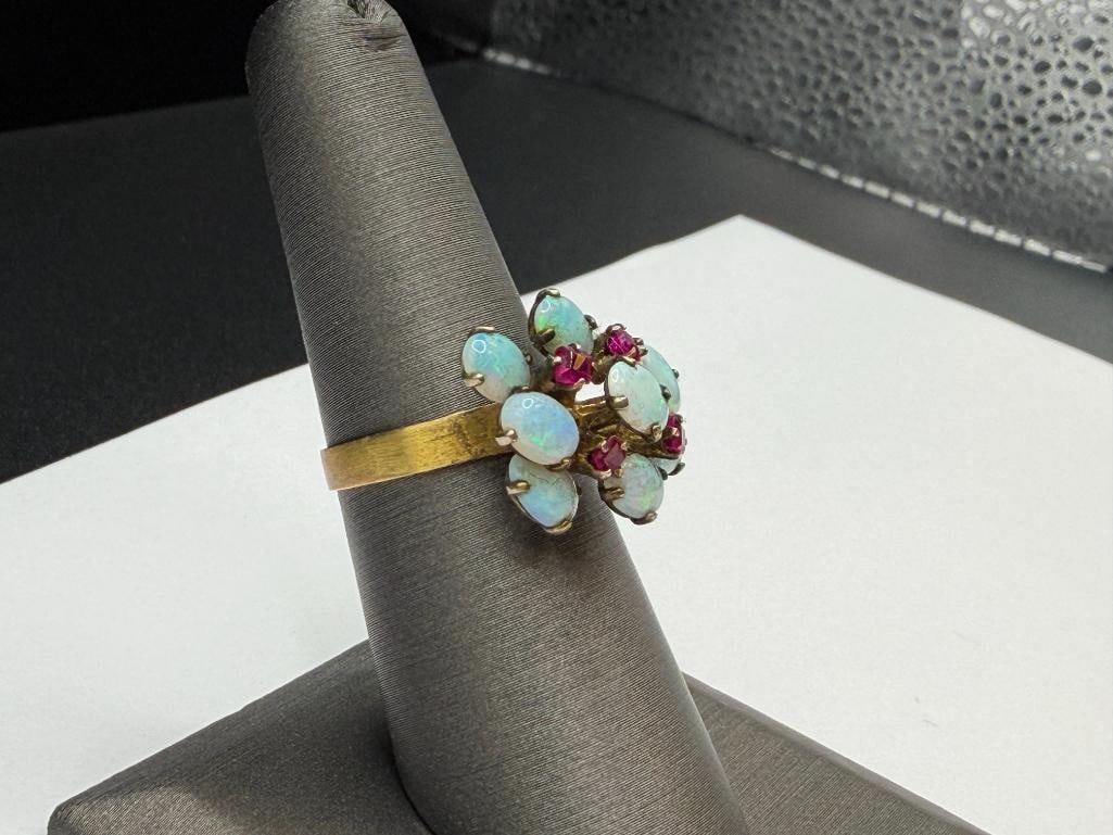 VINTAGE 14K YELLOW GOLD OVAL CABOCHON OPAL AND ROUND CUT RUBY RING - 2