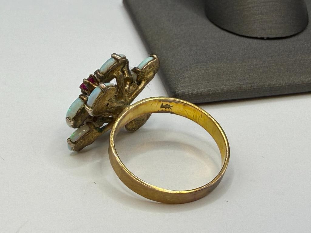 VINTAGE 14K YELLOW GOLD OVAL CABOCHON OPAL AND ROUND CUT RUBY RING - 5