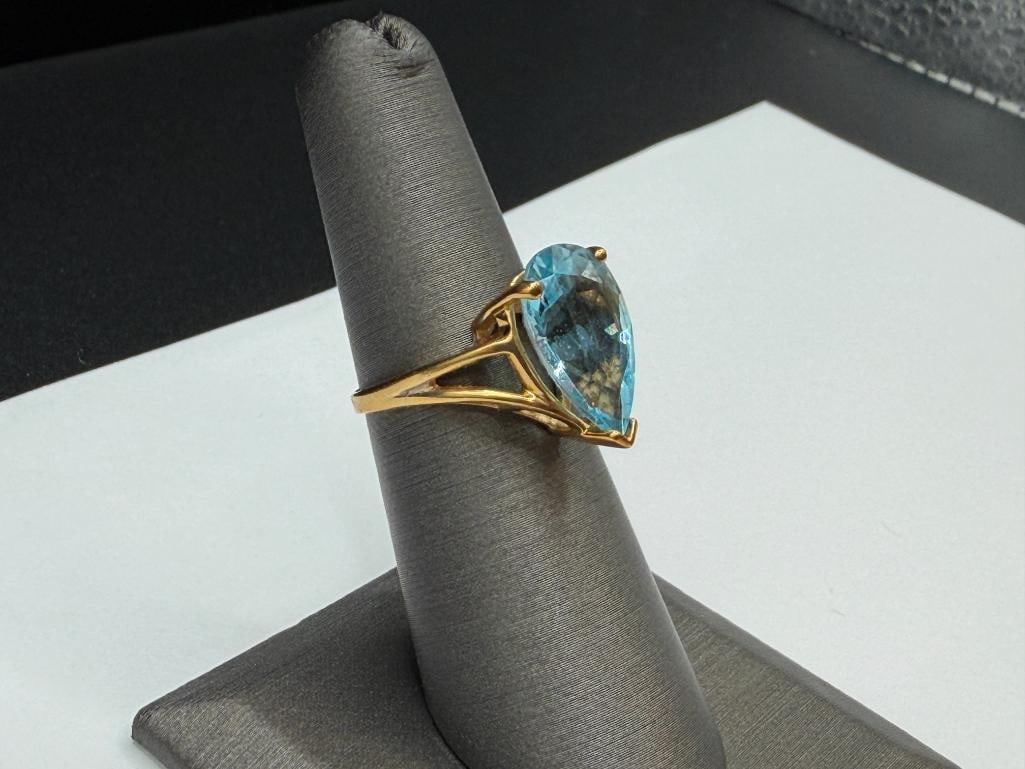14K YELLOW GOLD PEAR CUT SWISS BLUE TOPAZ RING - 2