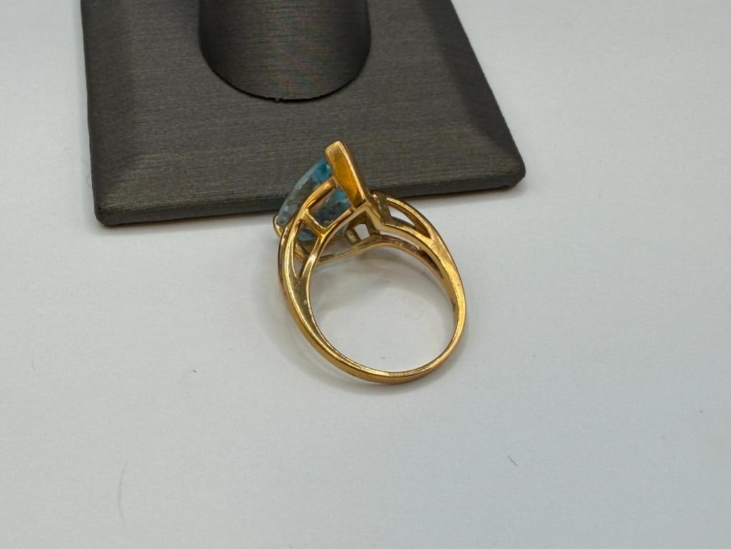 14K YELLOW GOLD PEAR CUT SWISS BLUE TOPAZ RING - 5