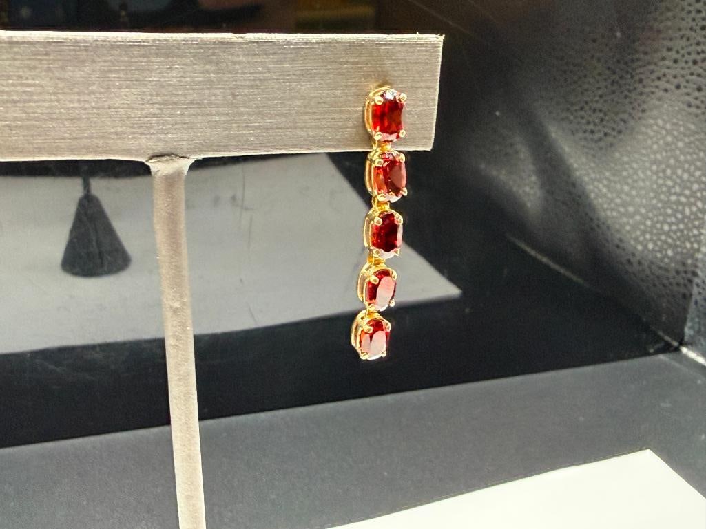 14K YELLOW GOLD OVAL CUT GARNET DANGLE EARRINGS - 2
