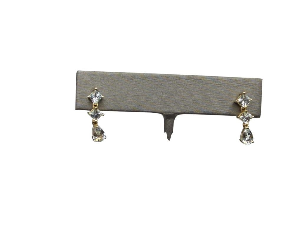 14K YELLOW GOLD AQUAMARINE DROP EARRINGS: FEATURING PEAR CUT AND PRINCESS CUT AQUAMARINES, BACKS ARE ALSO 14K GOLD, DESIGNER HALLMARKED AND MARKED "HONG KONG" 3/4", 2.12 GRAMS, 6MM X 4MM PEAR CUT AQUAMARINES, 3.5MM PRINCESS CUT AQUAMARINES