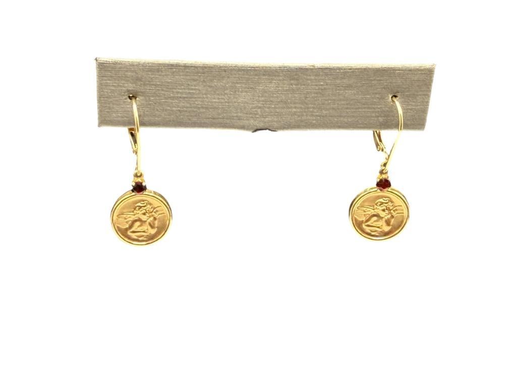14K YELLOW GOLD ANGEL CHERUB DANGLE EARRINGS WITH ROUND CUT GARNET ON EACH: HALLMARKED BY DESIGNER "PPC" 1 1/4", 3MM GARNETS, 2.19 GRAMS