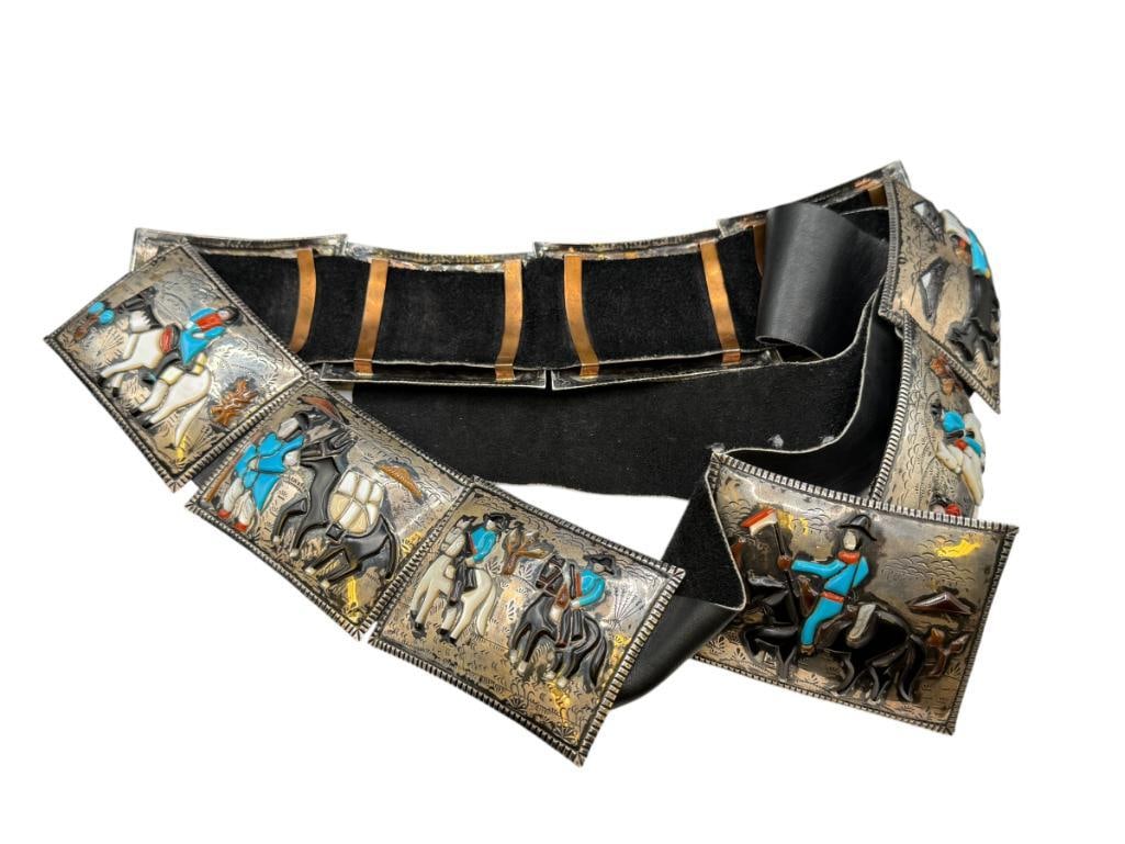 VINTAGE NAVAJO STERLING SILVER STORYTELLER BRACELETS ACCENTED WITH TURQUOISE, CORAL, ONYX, AND MORE: FEATURES STORYTELLER DESIGN WITH 10 SCENES, STAMPED DESIGNS WITH STONES APPLIED IN RELIEF, BLACK LEATHER BELT UP TO 54" BELT, EACH STERLING PIECE IS 3 3/8", 506 GRAMS TOTAL 