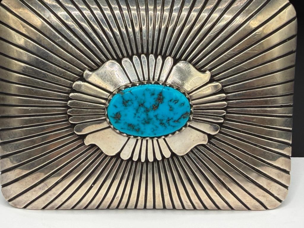 VINTAGE NAVAJO THOMAS SINGER ARTIST SIGNED STERLING SILVER TURQUOISE BELT BUCKLE - 2