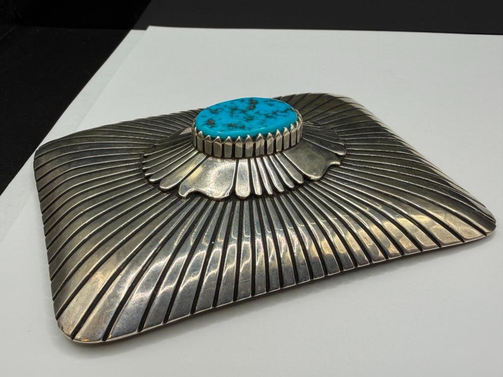 VINTAGE NAVAJO THOMAS SINGER ARTIST SIGNED STERLING SILVER TURQUOISE BELT BUCKLE - 3