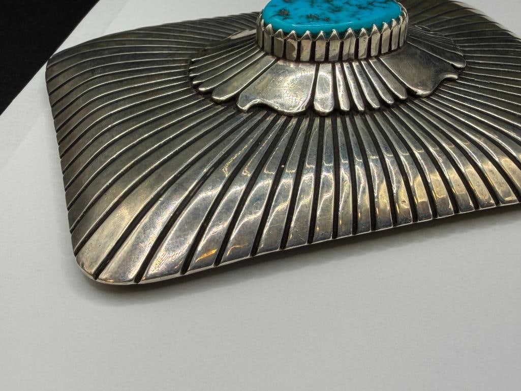 VINTAGE NAVAJO THOMAS SINGER ARTIST SIGNED STERLING SILVER TURQUOISE BELT BUCKLE - 4