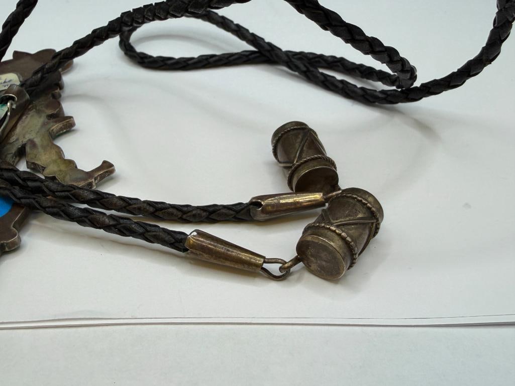 VINTAGE ZUNI EDDIE BEYUKA ARTIST SIGNED STERLING SILVER KACHINA BOLO TIE FEATURING TURQUOISE - 11