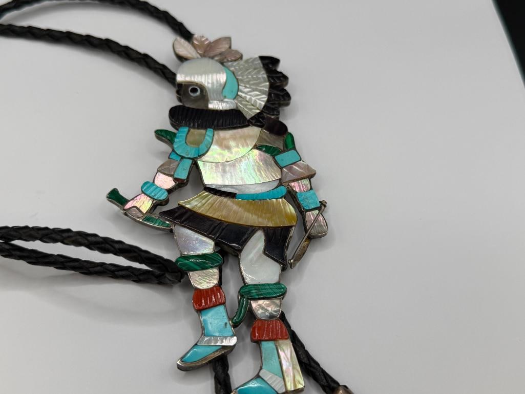 VINTAGE ZUNI EDDIE BEYUKA ARTIST SIGNED STERLING SILVER KACHINA BOLO TIE FEATURING TURQUOISE - 2