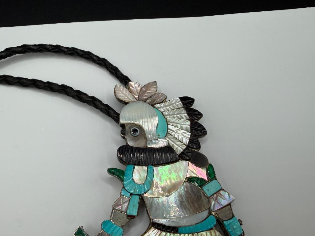 VINTAGE ZUNI EDDIE BEYUKA ARTIST SIGNED STERLING SILVER KACHINA BOLO TIE FEATURING TURQUOISE - 3