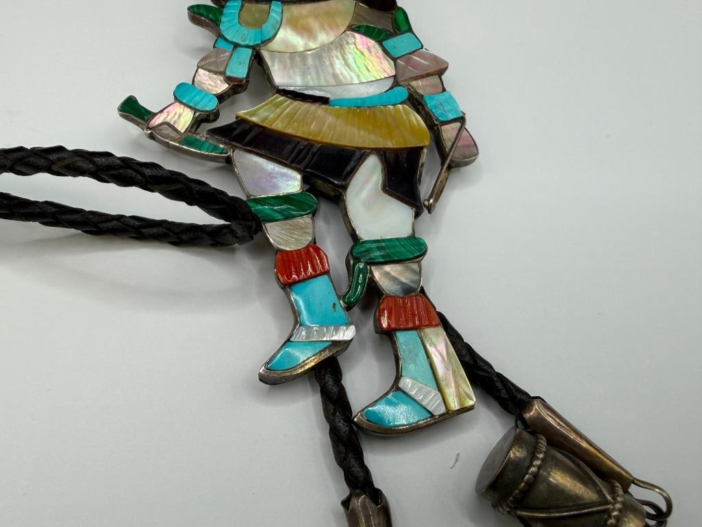 VINTAGE ZUNI EDDIE BEYUKA ARTIST SIGNED STERLING SILVER KACHINA BOLO TIE FEATURING TURQUOISE - 4