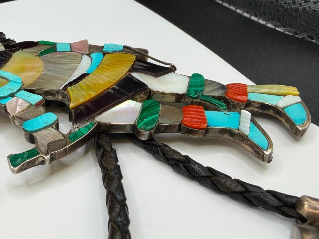 VINTAGE ZUNI EDDIE BEYUKA ARTIST SIGNED STERLING SILVER KACHINA BOLO TIE FEATURING TURQUOISE - 6
