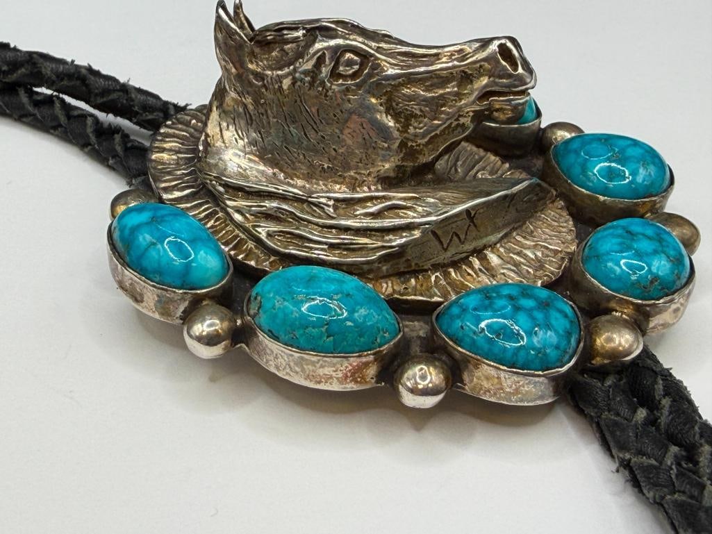 VINTAGE NAVAJO MARK CHEE ARTIST SIGNED STERLING SILVER TURQUOISE HORSE BOLO TIE - 5