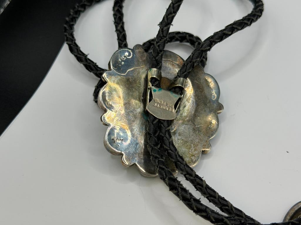 VINTAGE NAVAJO MARK CHEE ARTIST SIGNED STERLING SILVER TURQUOISE HORSE BOLO TIE - 6
