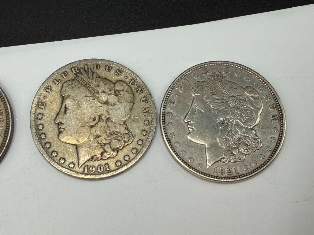 FIVE U.S. MORGAN SILVER DOLLARS FEATURING VARIOUS DATES AND MINT MARKS - 4