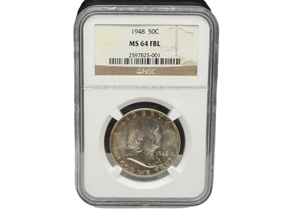 1948 U.S. FRANKLIN SILVER HALF DOLLAR NGC MS64 FBL: 90% SILVER