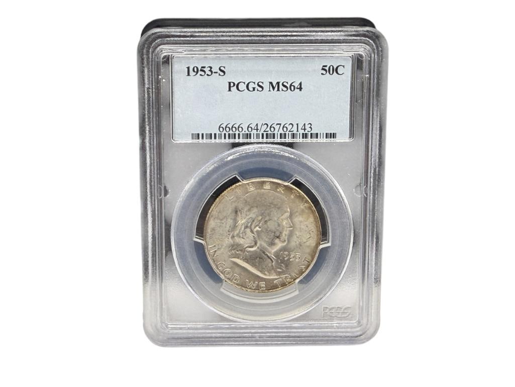 1953-S U.S. FRANKLIN SILVER HALF DOLLAR PCGS MS64: 90% SILVER