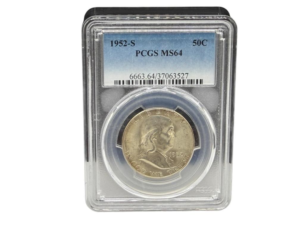 1952-S U.S. FRANKLIN SILVER HALF DOLLAR PCGS MS64: 90% SILVER