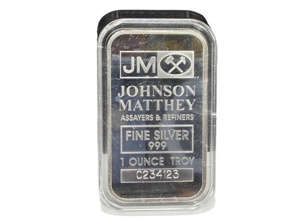 JOHNSON MATTHEY ASSAYERS & REFINERS .999 FINE SILVER BAR: 1 TROY OUNCE, 2"