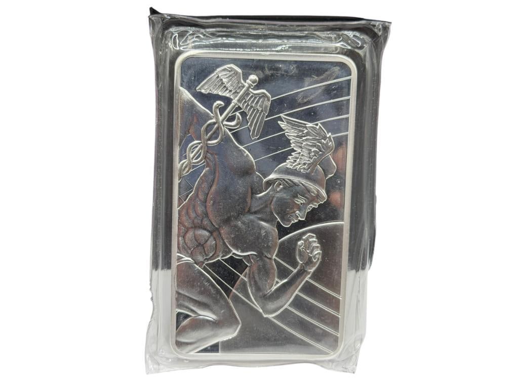 SMI MERCURY DESIGN .999 FINE SILVER 10 TROY OUNCE BAR: 10 TROY OUNCES, 3 1/2"