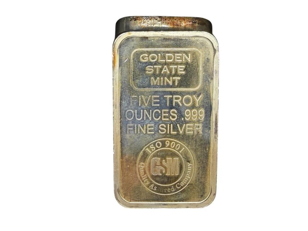 GOLDEN STATE MINT .999 FINE SILVER FIVE TROY OUNCE BAR: 5 TROY OUNCES, 2 3/8"