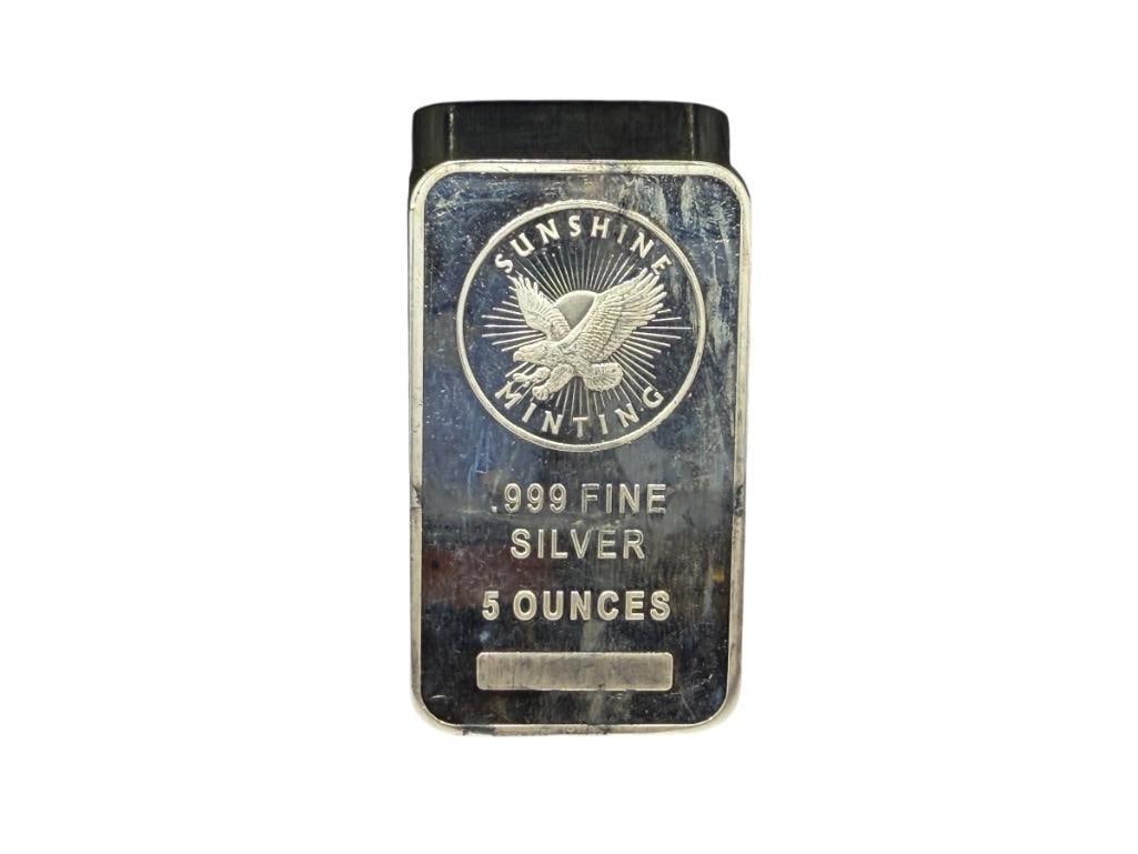 SUNSHINE MINTING .999 FINE SILVER FIVE TROY OUNCE BAR: 5 TROY OUNCES, 2 3/8"
