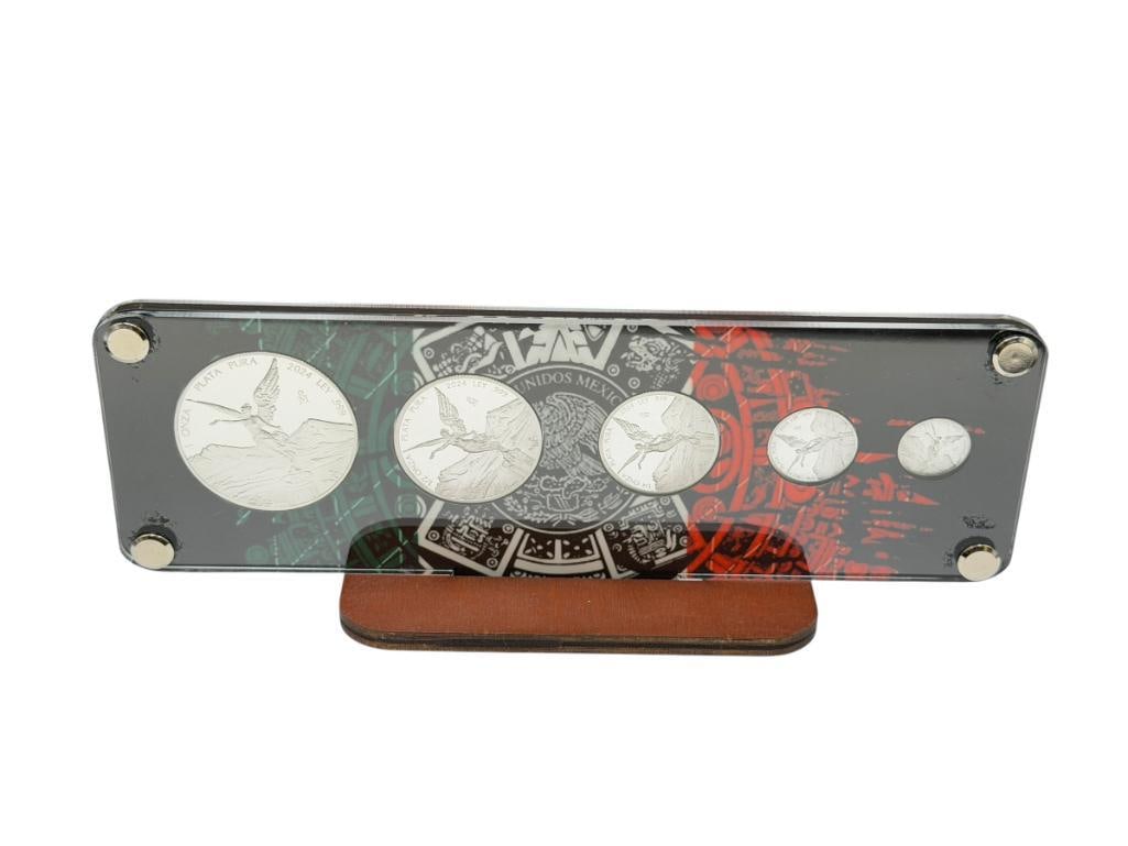 2024 MEXICO LIBERTAD PROOF SET FEATURING FIVE .999 FINE SILVER COINS: ENCASED IN HARD PLASTIC WITH MEXICAN THEME, INCLUDES COINS UP TO ONE OUNCE 1.90 TROY OUNCES TOTAL