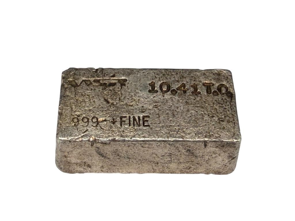 VINTAGE VSR .999 FINE SILVER 10.41 TROY OUNCE BAR: 10.41 TROY OUNCES, 2 1/4"