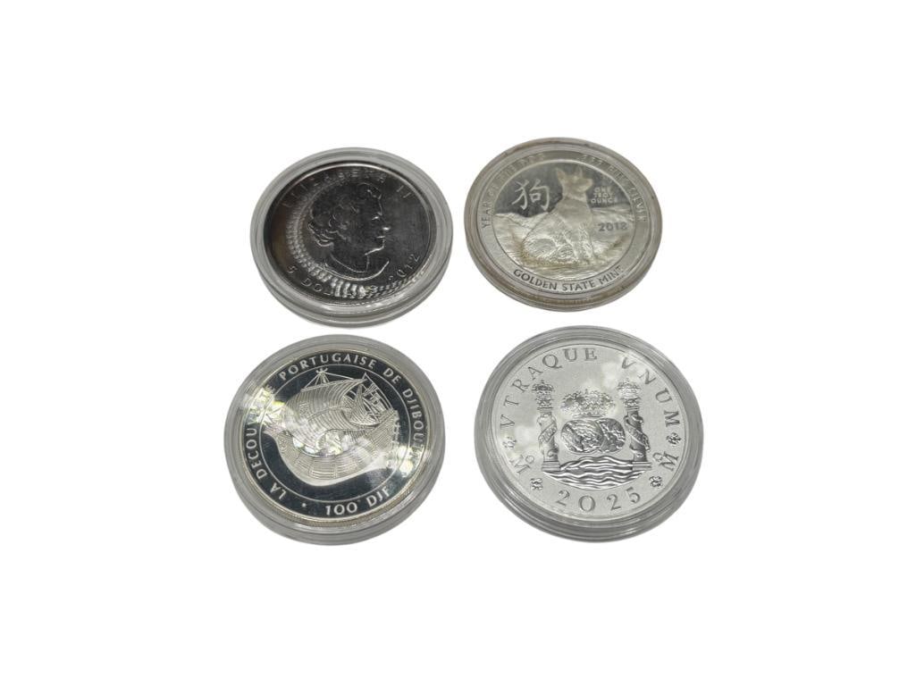 FOUR .999 FINE SILVER COINS AND ROUNDS INCLUDING 2018 GOLDEN STATE MINT CHINESE YEAR OF THE DOG C...: ALSO INCLUDES 2012 CANADA $5 PROOF, 1996 REPUBLIC DE DJIBOUTI 100DJF, AND 2025 AUSTRAILIAN CHARLES III $1 COIN, ALL .999 FINE SILVER 1 TROY OUNCE EACH