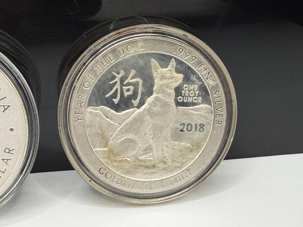 FOUR .999 FINE SILVER COINS AND ROUNDS INCLUDING 2018 GOLDEN STATE MINT CHINESE YEAR OF THE DOG C... - 8