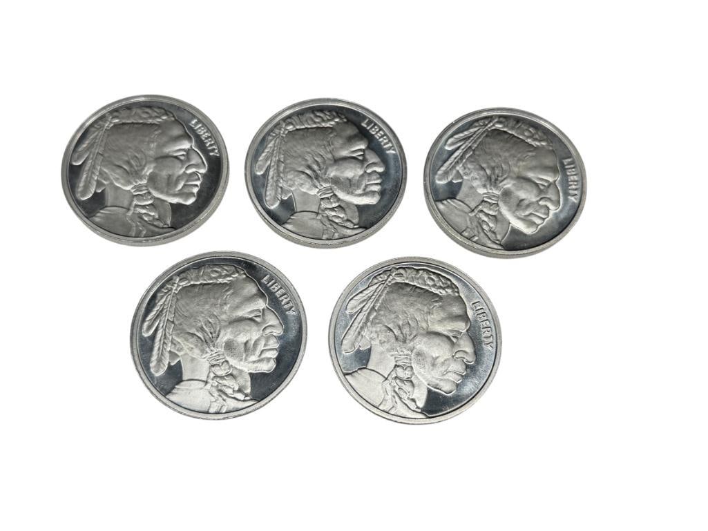 FIVE BUFFALO NICKEL THEMED .999 FINE SILVER ROUNDS: 1 TROY OUNCE EACH