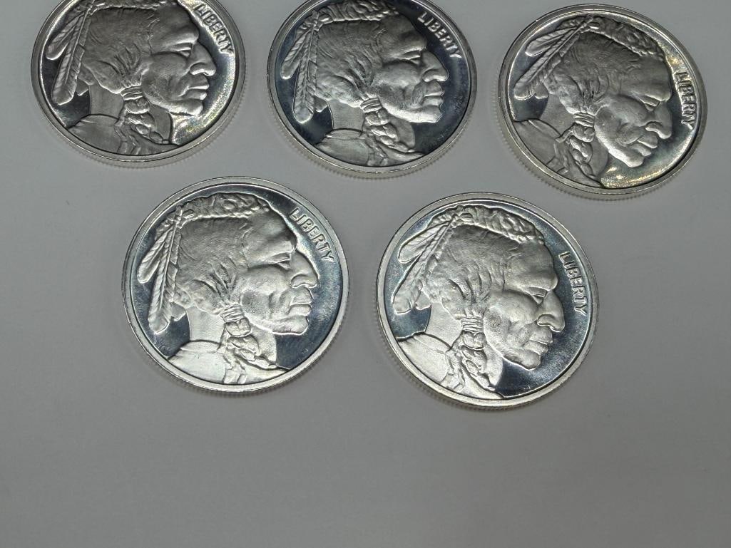 FIVE BUFFALO NICKEL THEMED .999 FINE SILVER ROUNDS - 2