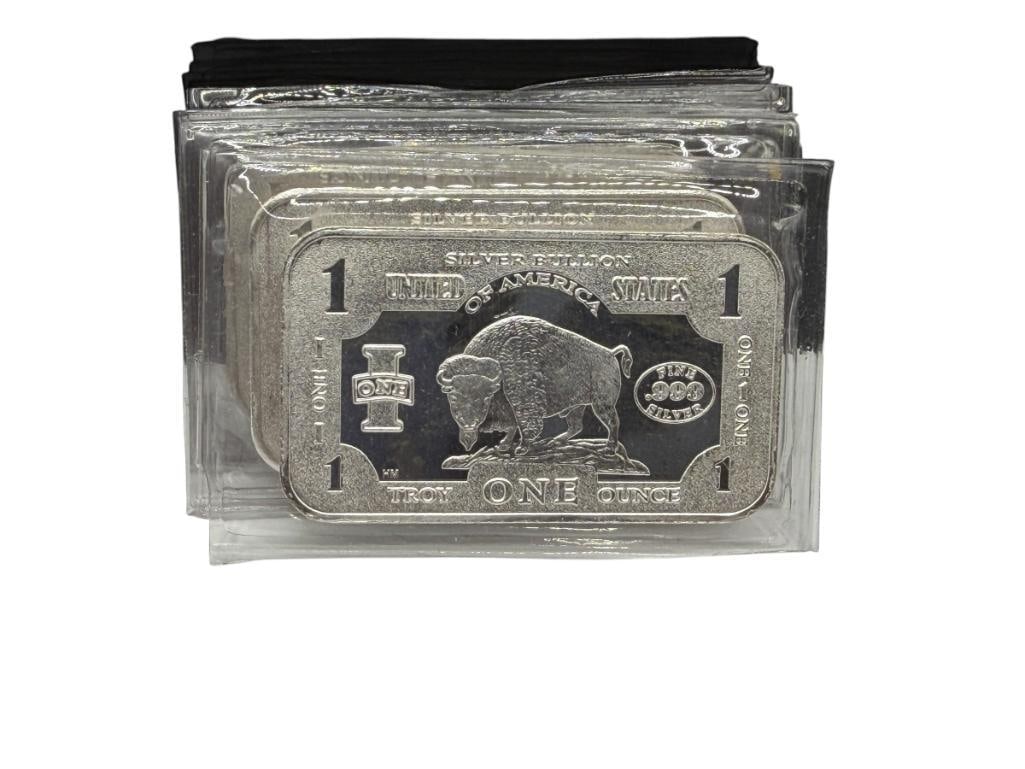 FIVE .999 FINE SILVER BUFFALO SILVER BULLION BARS: 1 TROYOUNE EACH, 2"