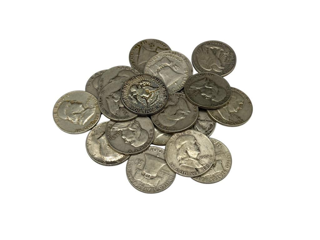 20 U.S. 90% SILVER HALF DOLLARS INCLUDING MOSTLY FRANKLIN HALF DOLLARS: ALSO INCLUDES KENNEDY AND WALKING LIBERTY HALF DOLLARS, VARIOUS DATES AND MINT MARKS, ALL 90% SILVER
