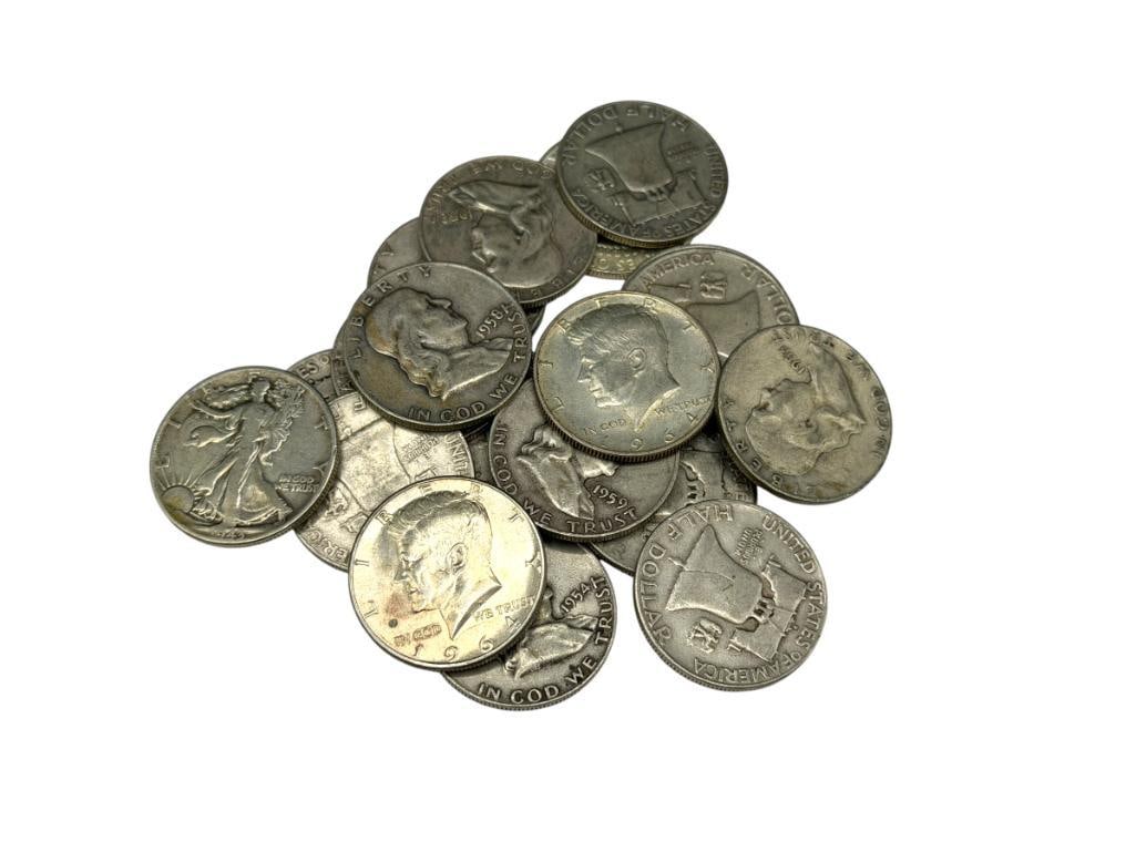 20 U.S. 90% SILVER HALF DOLLARS FEATURING MOSTLY FRANKLIN HALVES: ALSO INCLUDES KENNEDY AND WALKING LIBERTY SILVER HALF DOLLARS, ALL 90% SILVER