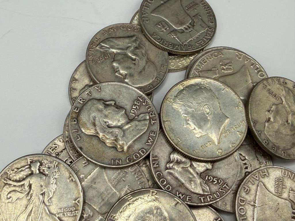 20 U.S. 90% SILVER HALF DOLLARS FEATURING MOSTLY FRANKLIN HALVES - 3