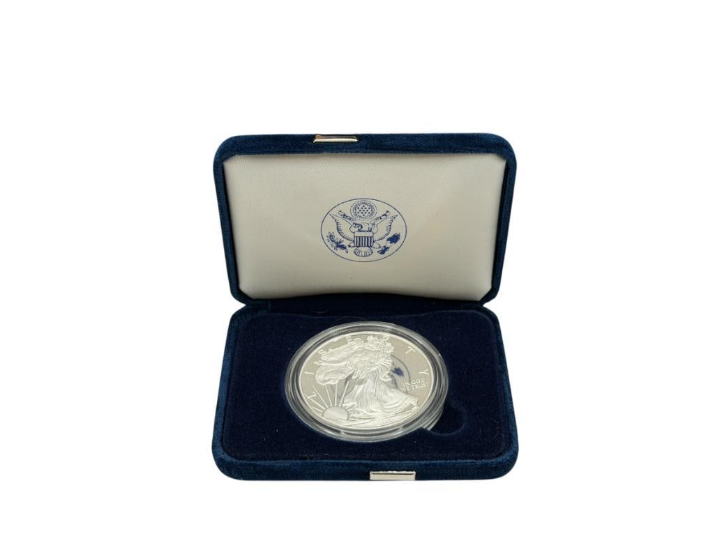 2008-W AMERICAN SILVER EAGLE .999 FINE SILVER PROOF DOLLAR: INCLUDES ORIGINAL CASE, BOX, AND CERTIFICATE OF AUTHENTICITY, WEST POINT MINT 1 TROY OUNCE