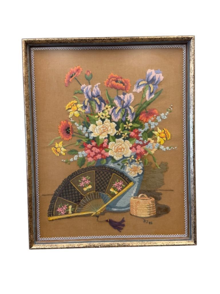 BONNIE J. BULLIS CARSON CITY, NV ARTIST HAND STITCHED CROSS STITCH VASE WITH FLOWERS AND FAN: BONNIE J. BULLIS (1937-2026) WAS BORN IN ARKANSAS, RESIDED IN CARSON CITY WITH HER HUSBAND AND FOUR KIDS, KNOWN FOR NEEDLEPOINTS AND PAINTINGS, TEXTILE SHOWS BIRDS AND FLOWERS WITH NAMES,SIGNED LOWER