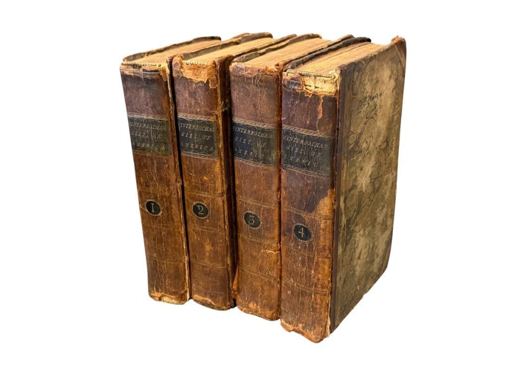 1795 HISTORY OF THE UNITED STATES BY W. WINTERBOTHAM COMPLETE FOUR VOL. SET: PRINTED BY THE EDITOR J. RIDGWAY, YORK-STREET, H.D. SYMONDS, PATERNOSTER ROW, AND D. HOLT, NEWARK, 400 UP TO 600 PAGE BOOKS, MARBLED COVERS WITH LEATHER SPINES AND COVER CORNERS, BOOKS DO SHOW HEAVY