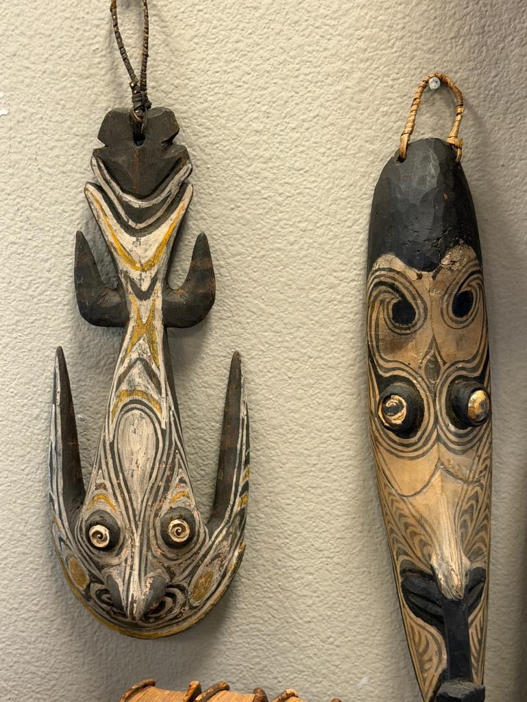 20TH CENTURY SEPIK RIVER CEREMONIAL / RITUAL MASKS FISH HANGER AND DOUBLE-EYED MASK CIRCA 1997 - 2