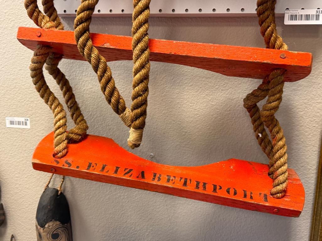 VINTAGE NAUTICAL 3-STEP WOODEN ROPE LADDER FROM HISTROICAL CONTAINER SHIP SS ELIZABETHPORT - 2